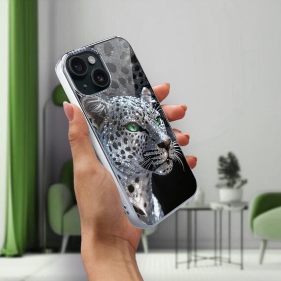 Etui do iPhone 14, Elite Glass, szklany tył, Nocturne, Oczy pantery, srebrne (4)