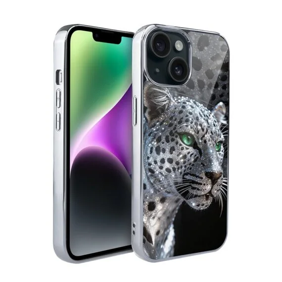 Etui do iPhone 14, Elite Glass, szklany tył, Nocturne, Oczy pantery, srebrne (7)