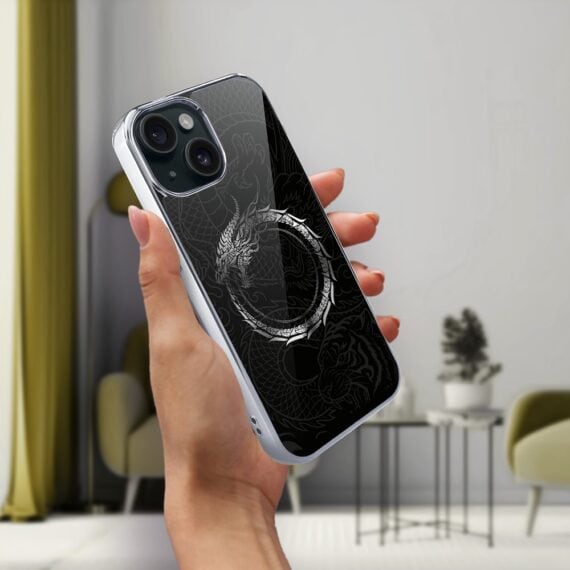 Etui do iPhone 14, Elite Glass, szklany tył, Nocturne, Uroboros - smoczy krąg, srebrne (3)