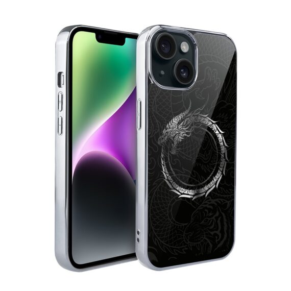 Etui do iPhone 14, Elite Glass, szklany tył, Nocturne, Uroboros - smoczy krąg, srebrne (6)
