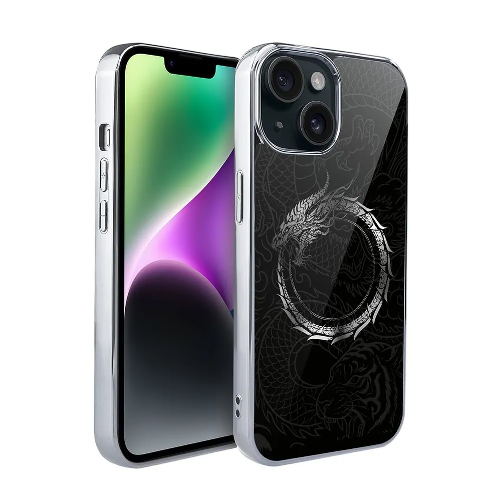 Etui do iPhone 14, Elite Glass, szklany tył,  Nocturne, Uroboros – smoczy krąg, srebrne