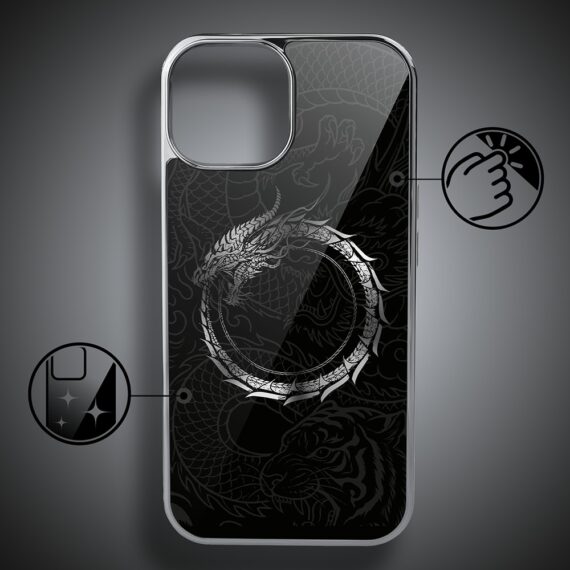Etui do iPhone 14, Elite Glass, szklany tył, Nocturne, Uroboros - smoczy krąg, srebrne (7)