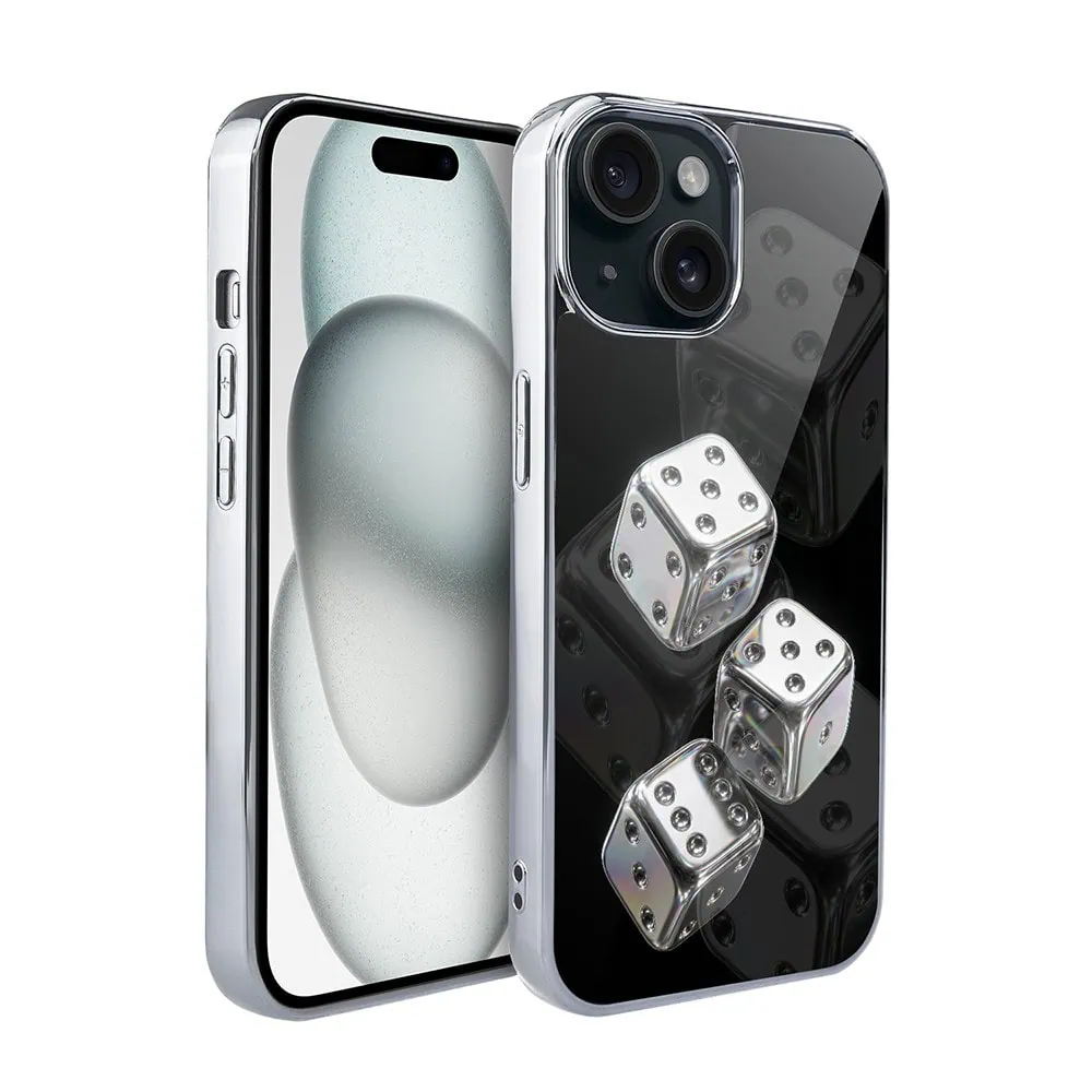 Etui do iPhone 15, Elite Glass, szklany tył, Nocturne, Kości do gry, srebrne (1)