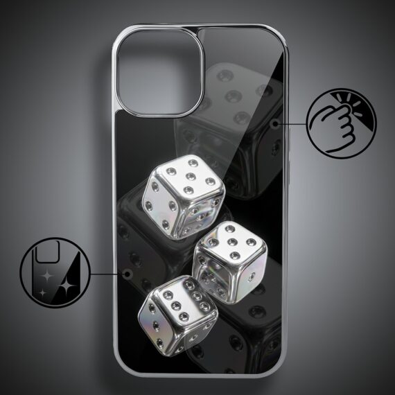 Etui do iPhone 15, Elite Glass, szklany tył, Nocturne, Kości do gry, srebrne (2)
