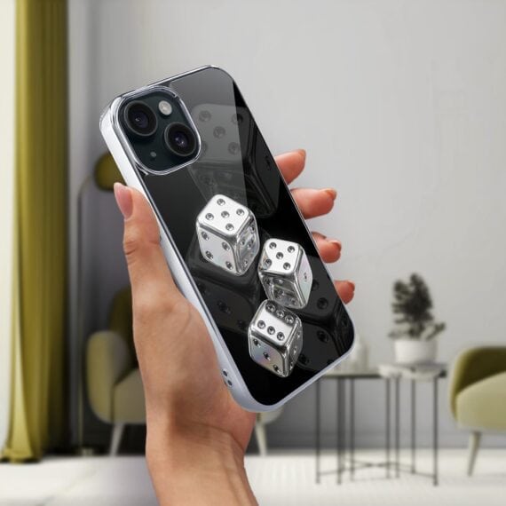 Etui do iPhone 15, Elite Glass, szklany tył, Nocturne, Kości do gry, srebrne (5)