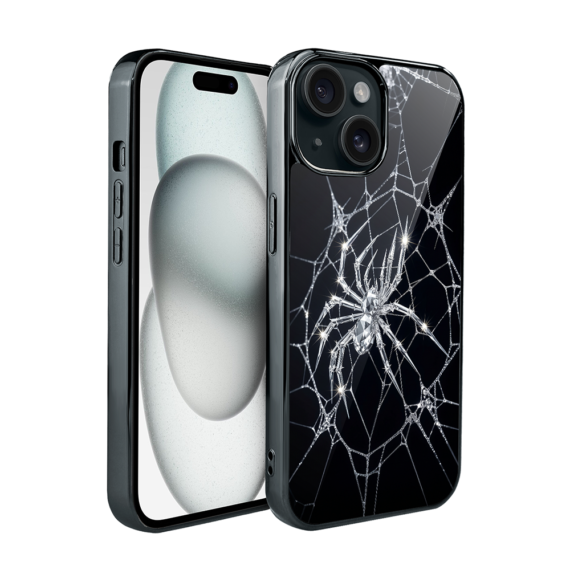 Etui do iPhone 15, Elite Glass, szklany tył, Nocturne, Kryształowy pająk, czarne (4)