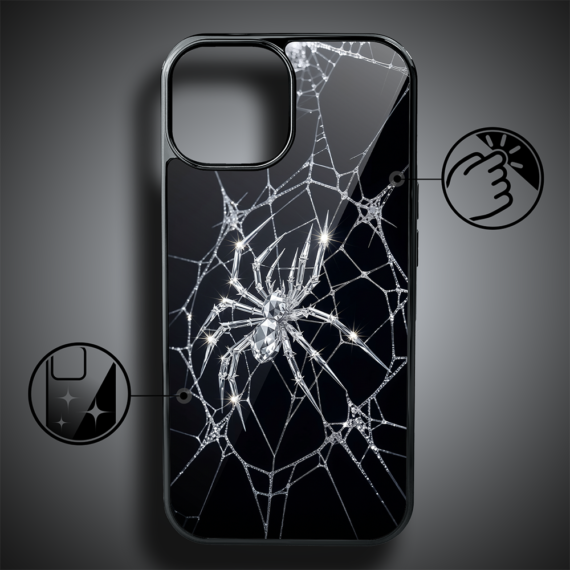 Etui do iPhone 15, Elite Glass, szklany tył, Nocturne, Kryształowy pająk, czarne (5)