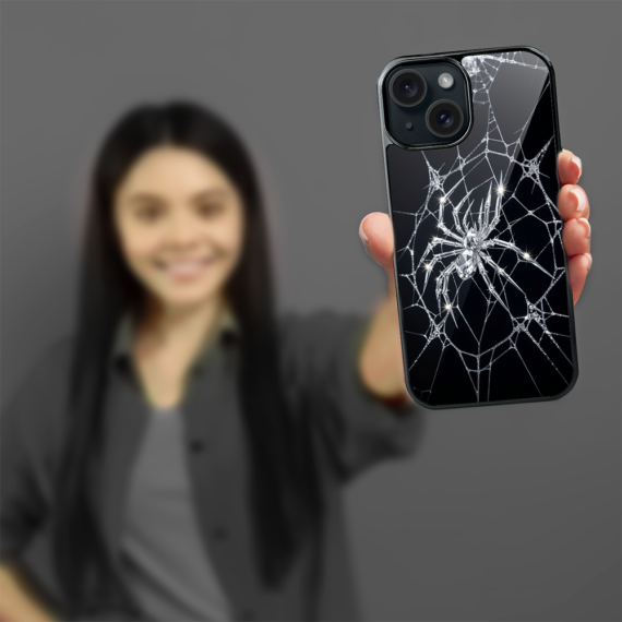 Etui do iPhone 15, Elite Glass, szklany tył, Nocturne, Kryształowy pająk, czarne (6)