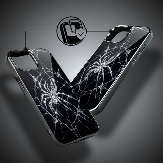 Etui do iPhone 15, Elite Glass, szklany tył, Nocturne, Kryształowy pająk, czarne (7)
