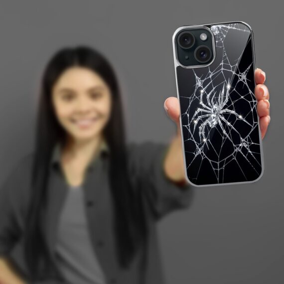 Etui do iPhone 15, Elite Glass, szklany tył, Nocturne, Kryształowy pająk, srebrne (2)