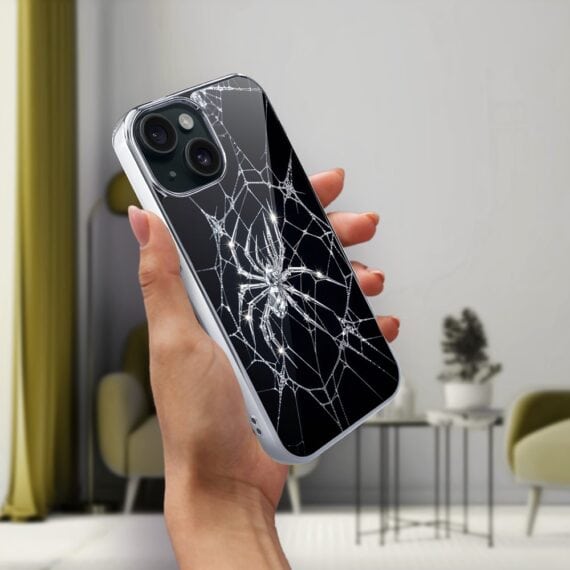 Etui do iPhone 15, Elite Glass, szklany tył, Nocturne, Kryształowy pająk, srebrne (4)
