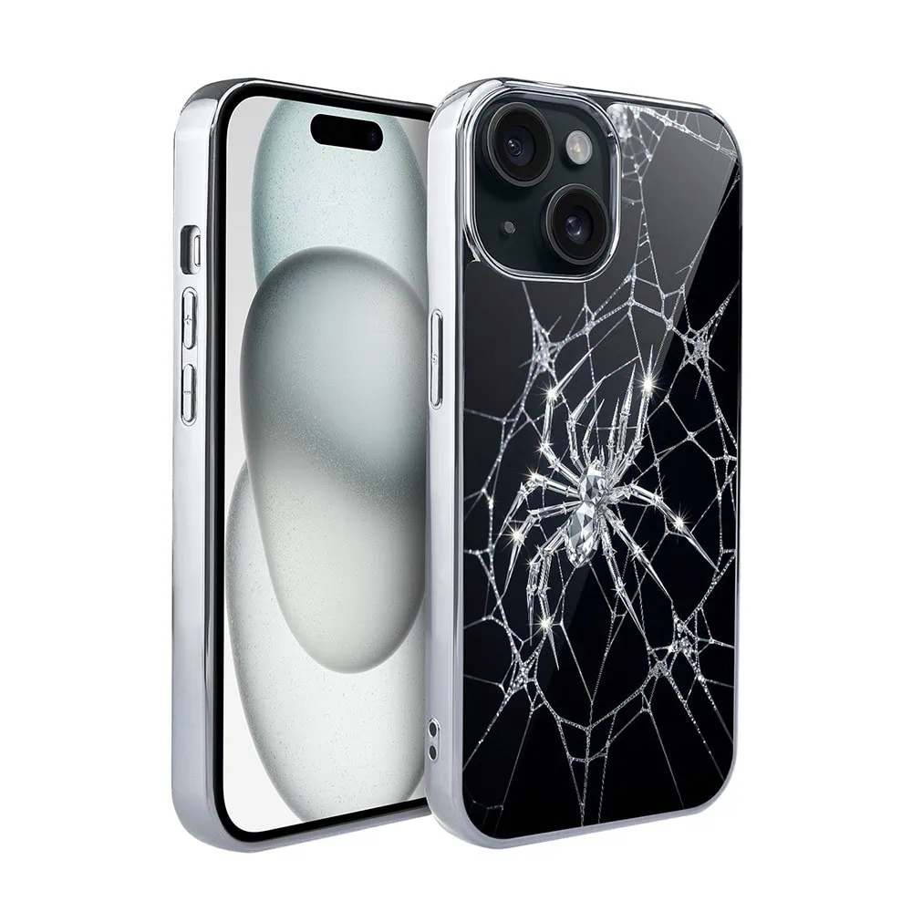 Etui do iPhone 15, Elite Glass, szklany tył,  Nocturne, Kryształowy pająk, srebrne