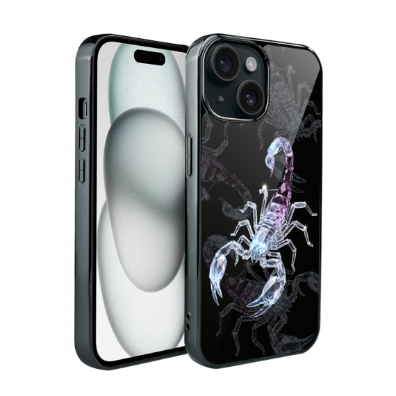 Etui do iPhone 15, Elite Glass, szklany tył, Nocturne, Kryształowy skorpion, czarne (4)