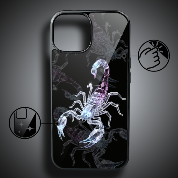 Etui do iPhone 15, Elite Glass, szklany tył, Nocturne, Kryształowy skorpion, czarne (5)