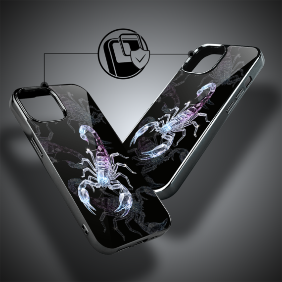 Etui do iPhone 15, Elite Glass, szklany tył, Nocturne, Kryształowy skorpion, czarne (7)