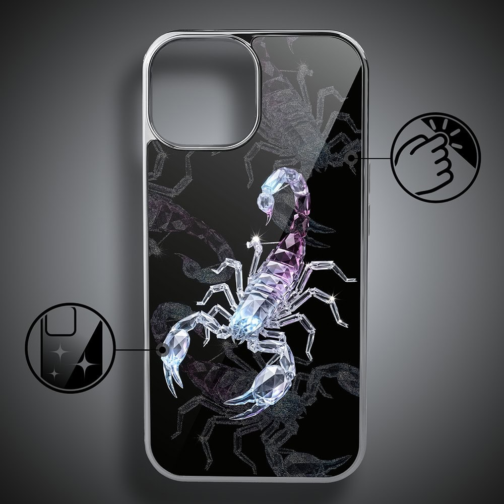 Etui do iPhone 15, Elite Glass, szklany tył, Nocturne, Kryształowy skorpion, srebrne (1)