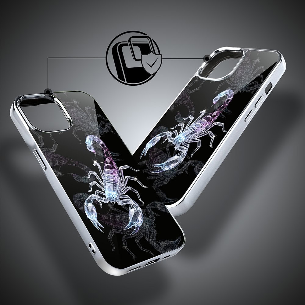 Etui do iPhone 15, Elite Glass, szklany tył, Nocturne, Kryształowy skorpion, srebrne (3)