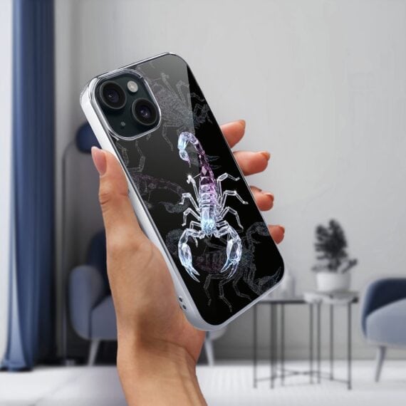 Etui do iPhone 15, Elite Glass, szklany tył, Nocturne, Kryształowy skorpion, srebrne (4)