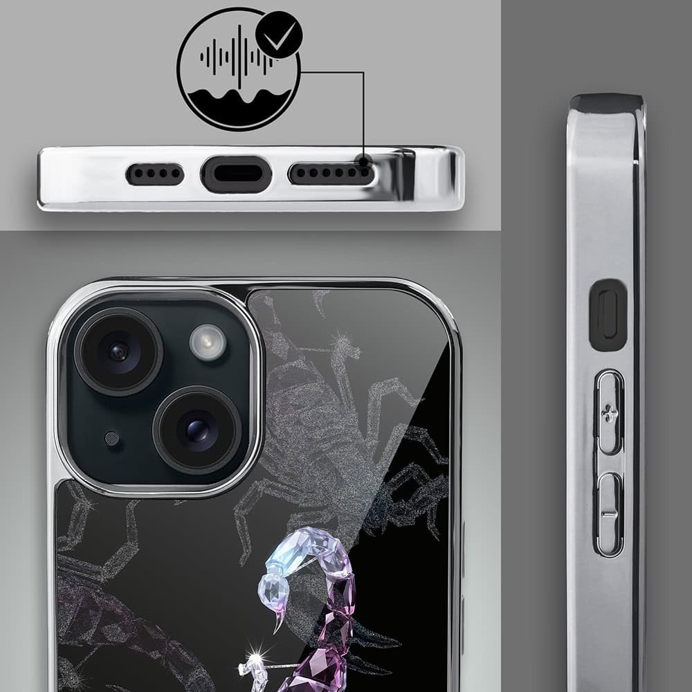 Etui do iPhone 15, Elite Glass, szklany tył, Nocturne, Kryształowy skorpion, srebrne (5)