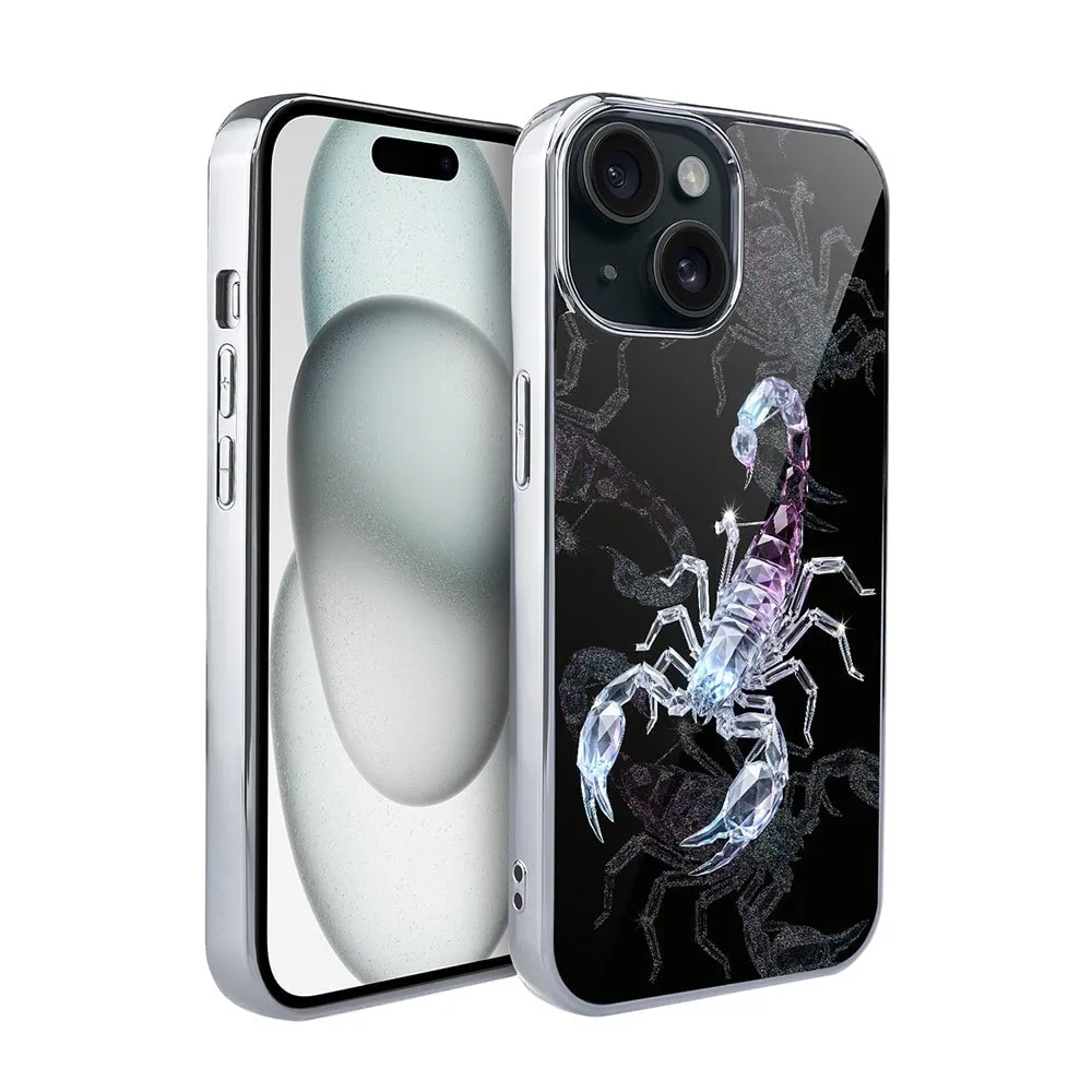 Etui do iPhone 15, Elite Glass, szklany tył,  Nocturne, Kryształowy skorpion, srebrne