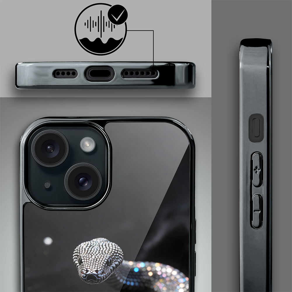 Etui do iPhone 15, Elite Glass, szklany tył, Nocturne, Kryształowy wąż, czarne (1)