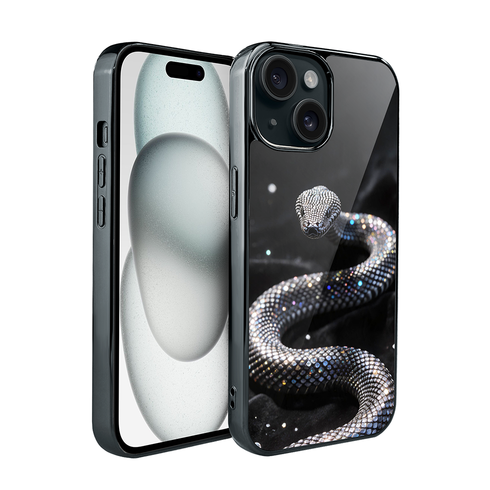 Etui do iPhone 15, Elite Glass, szklany tył, Nocturne, Kryształowy wąż, czarne