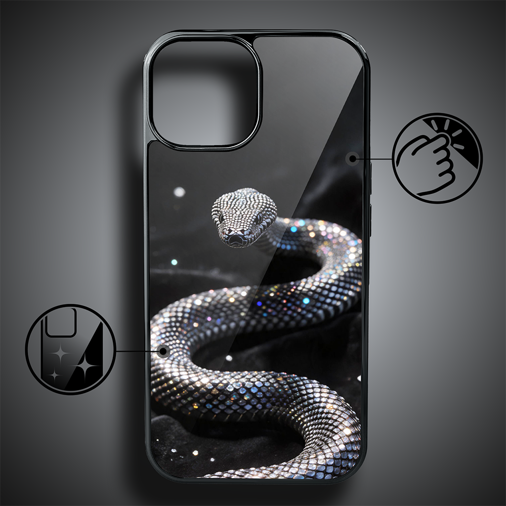 Etui do iPhone 15, Elite Glass, szklany tył, Nocturne, Kryształowy wąż, czarne (4)
