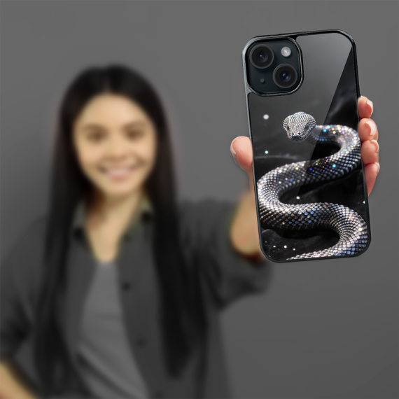 Etui do iPhone 15, Elite Glass, szklany tył, Nocturne, Kryształowy wąż, czarne (5)