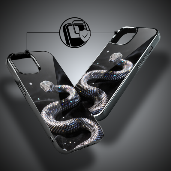 Etui do iPhone 15, Elite Glass, szklany tył, Nocturne, Kryształowy wąż, czarne (6)