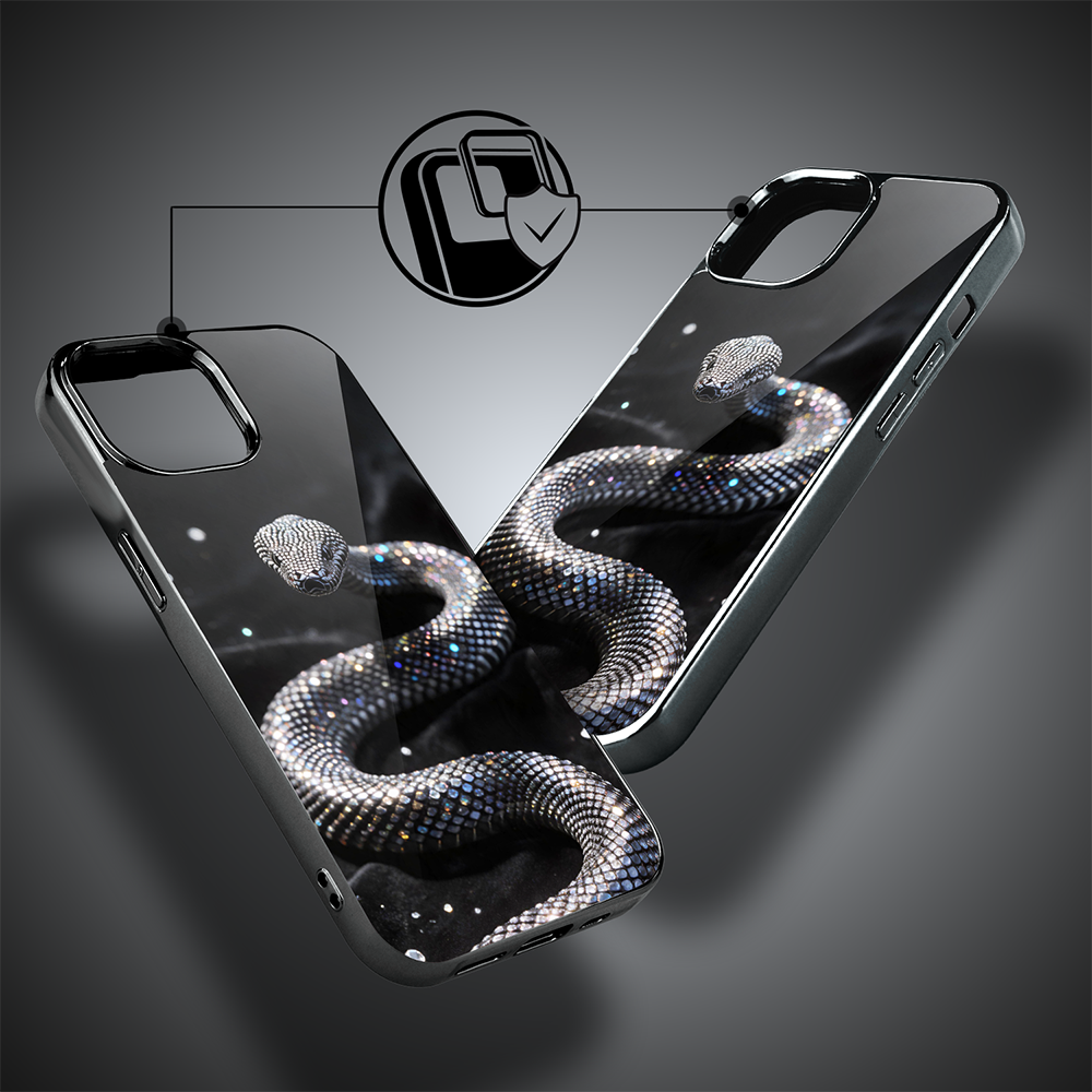 Etui do iPhone 15, Elite Glass, szklany tył, Nocturne, Kryształowy wąż, czarne (6)