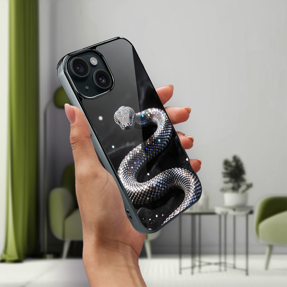 Etui do iPhone 15, Elite Glass, szklany tył, Nocturne, Kryształowy wąż, czarne (7)