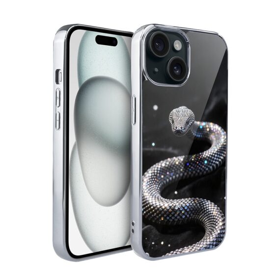 Etui do iPhone 15, Elite Glass, szklany tył, Nocturne, Kryształowy wąż, srebrne (1)