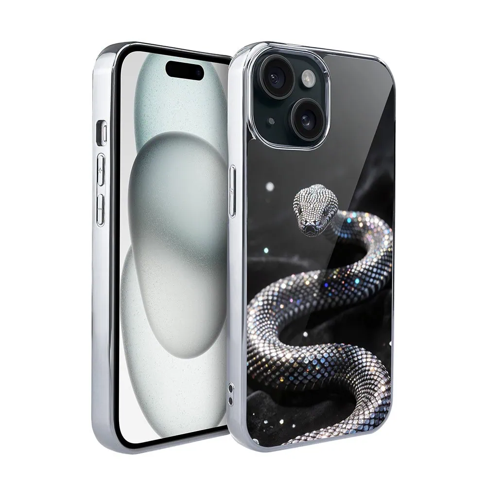 Etui do iPhone 15, Elite Glass, szklany tył, Nocturne, Kryształowy wąż, srebrne (1)