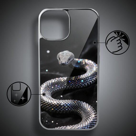 Etui do iPhone 15, Elite Glass, szklany tył, Nocturne, Kryształowy wąż, srebrne (2)
