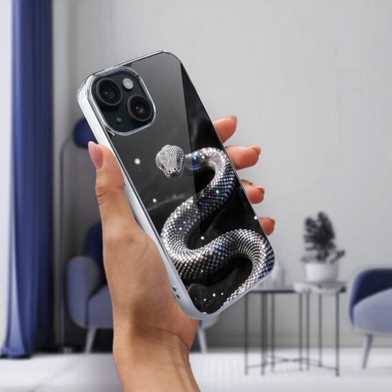 Etui do iPhone 15, Elite Glass, szklany tył, Nocturne, Kryształowy wąż, srebrne (5)