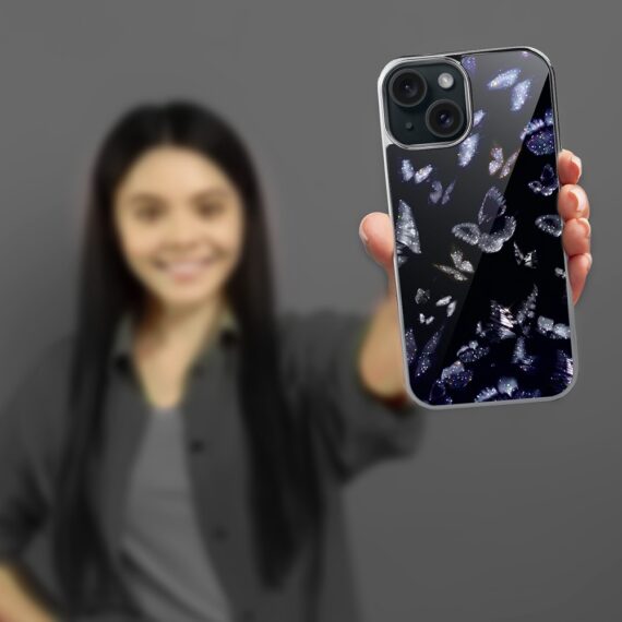 Etui do iPhone 15, Elite Glass, szklany tył, Nocturne, Nocne Motyle, srebrne (2)