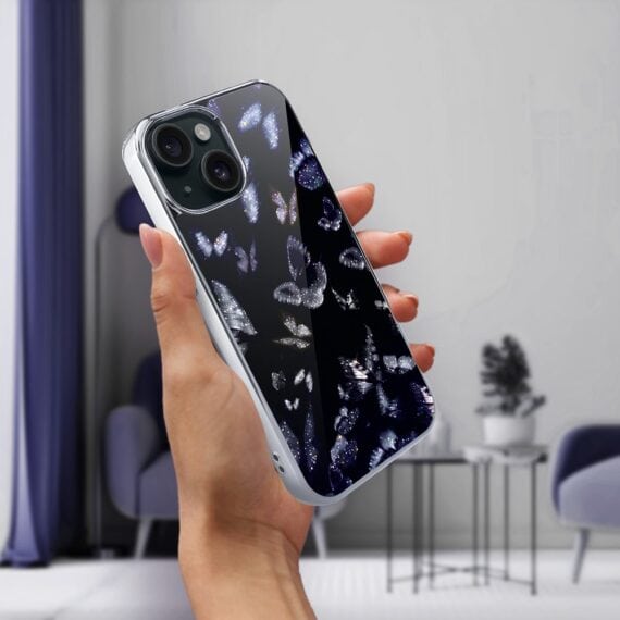 Etui do iPhone 15, Elite Glass, szklany tył, Nocturne, Nocne Motyle, srebrne (4)