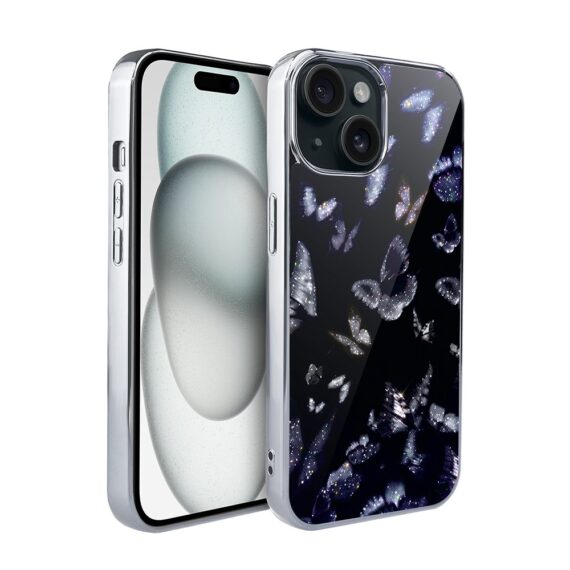 Etui do iPhone 15, Elite Glass, szklany tył, Nocturne, Nocne Motyle, srebrne (7)