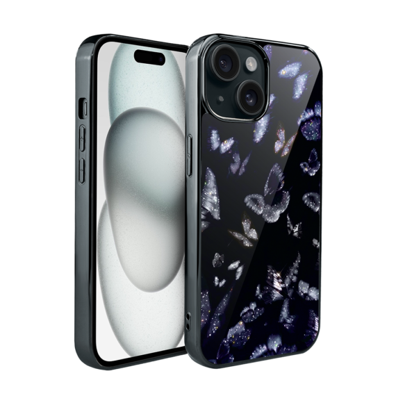 Etui do iPhone 15, Elite Glass, szklany tył, Nocturne, Nocne motyle, czarne (4)