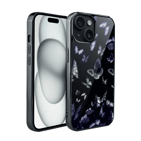 Etui do iPhone 15, Elite Glass, szklany tył, Nocturne, Nocne motyle, czarne