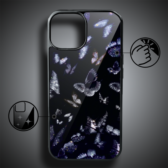 Etui do iPhone 15, Elite Glass, szklany tył, Nocturne, Nocne motyle, czarne (5)