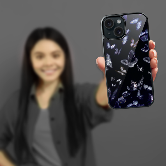 Etui do iPhone 15, Elite Glass, szklany tył, Nocturne, Nocne motyle, czarne (6)