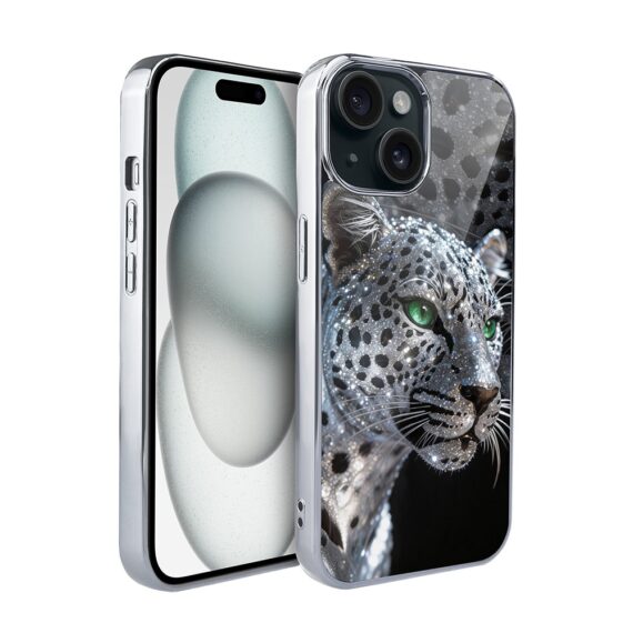 Etui do iPhone 15, Elite Glass, szklany tył, Nocturne, Oczy pantery, srebrne (1)
