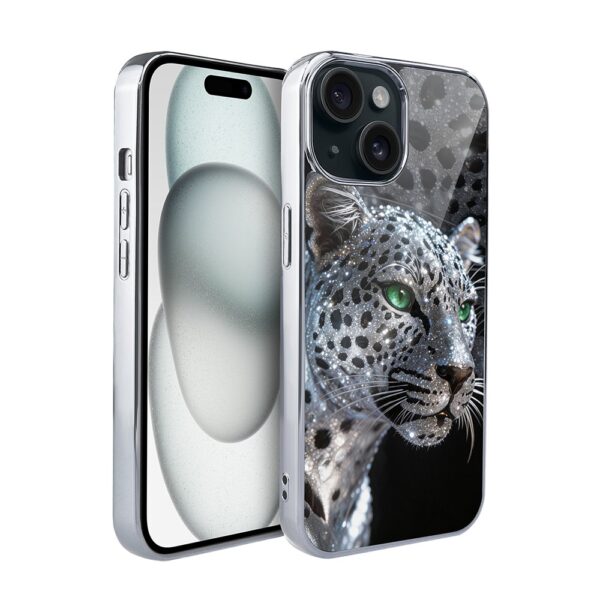 Etui do iPhone 15, Elite Glass, szklany tył,  Nocturne, Oczy pantery, srebrne