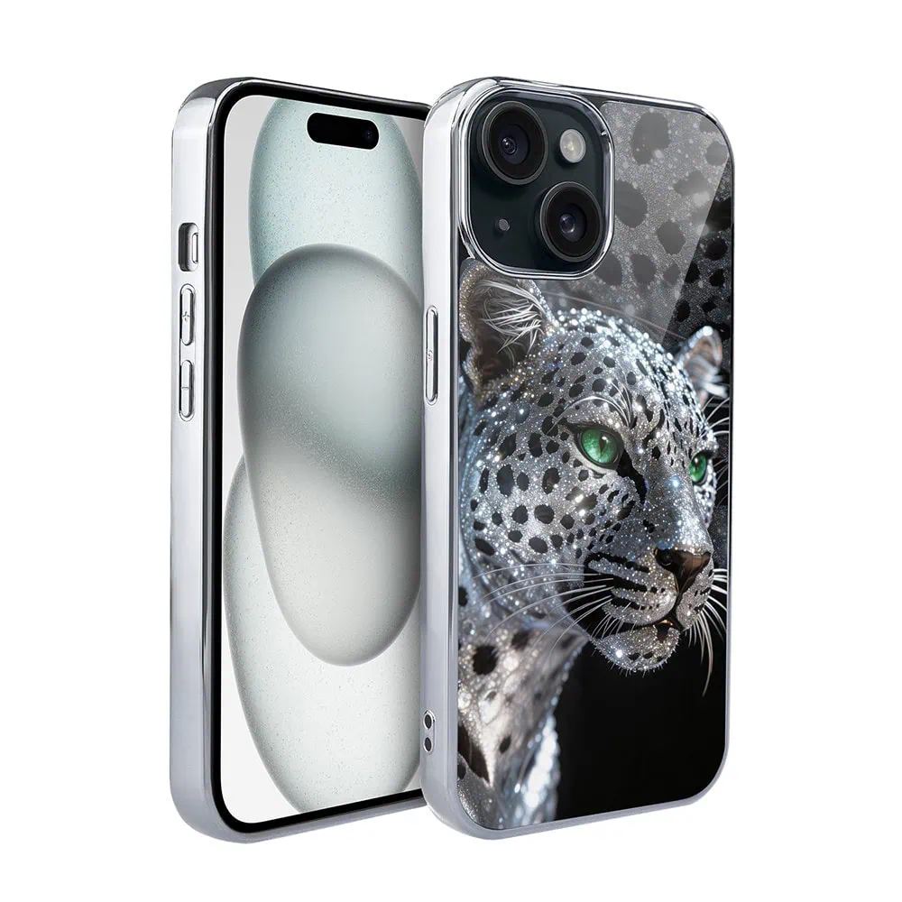 Etui do iPhone 15, Elite Glass, szklany tył, Nocturne, Oczy pantery, srebrne (1)