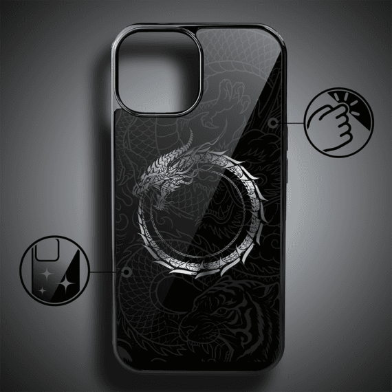 Etui do iPhone 15, Elite Glass, szklany tył, Nocturne, Uroboros - smoczy krąg, czarne (1)