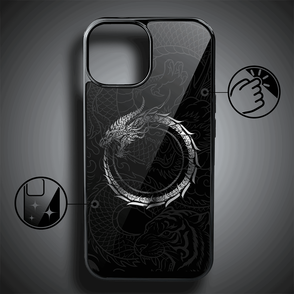 Etui do iPhone 15, Elite Glass, szklany tył, Nocturne, Uroboros - smoczy krąg, czarne (1)