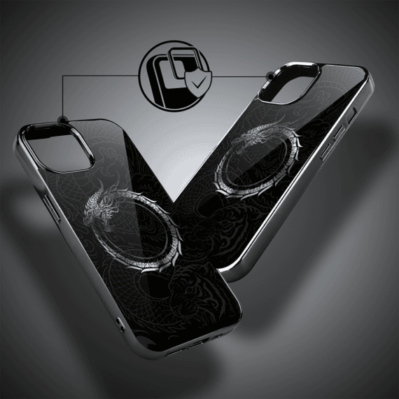 Etui do iPhone 15, Elite Glass, szklany tył, Nocturne, Uroboros - smoczy krąg, czarne (3)