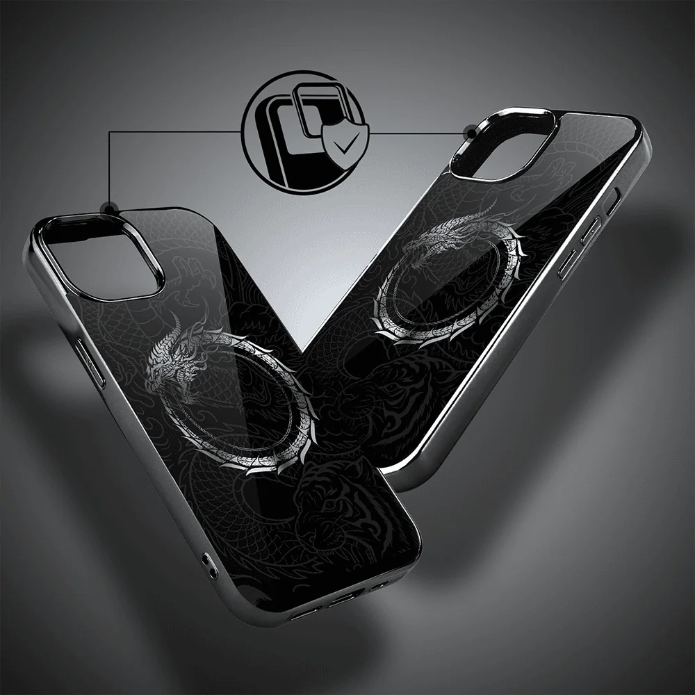 Etui do iPhone 15, Elite Glass, szklany tył, Nocturne, Uroboros - smoczy krąg, czarne (3)