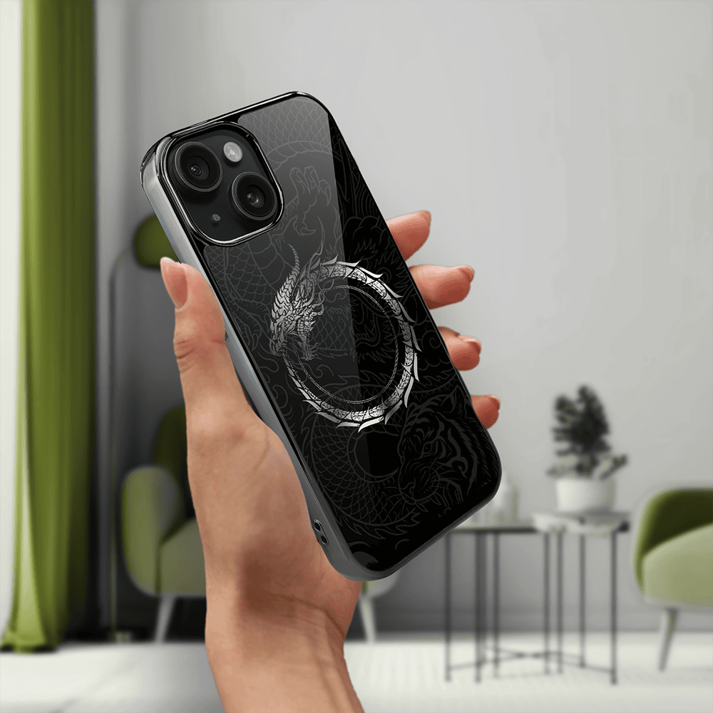 Etui do iPhone 15, Elite Glass, szklany tył, Nocturne, Uroboros - smoczy krąg, czarne (4)